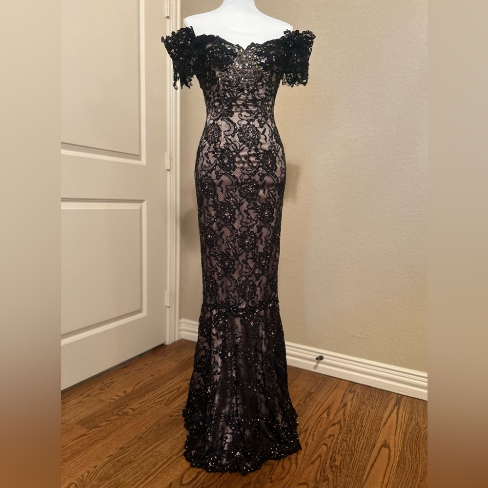 Mandalay, Black Lace Evening Gown, Off Shoulder, Size 4